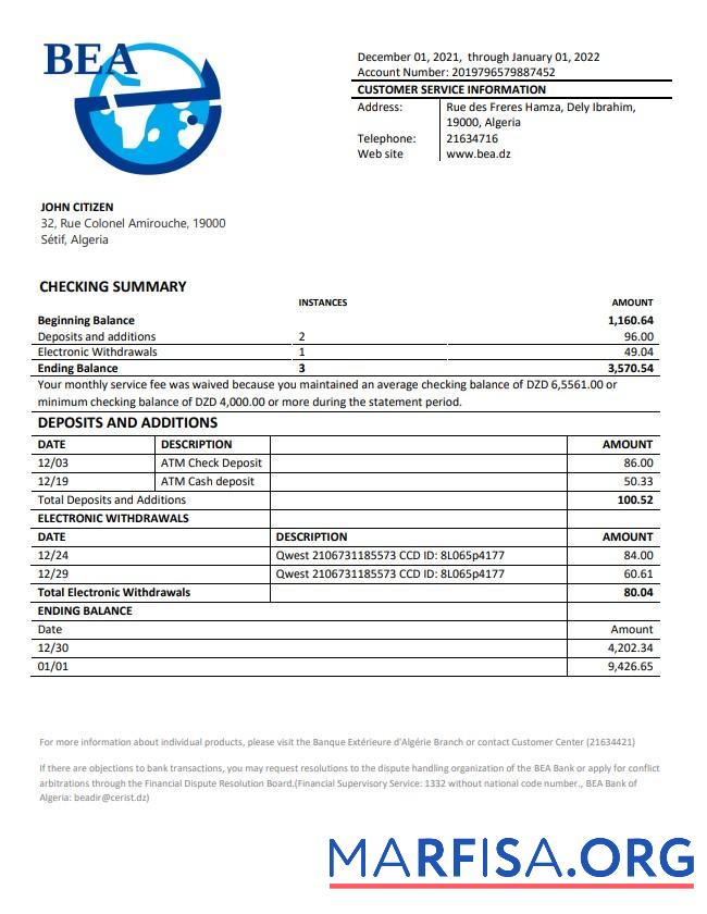 Blank Algeria Banque extérieure d'Algérie bank statement real example